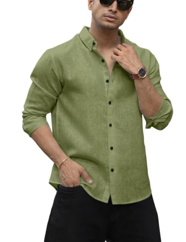 Image of NexaFlair Men's Shirt Regular Fit Solid Pattern Linen Cotton with Long Sleeve Collared Neck Standard Length and Button Down Closure Type | Mens Casual Shirts | Man's Formal Shirts