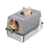 MilleLoom Stainless Steel Litter Box with Lid Front Entry Top Exit Kitty Litter Box Extra Large Enclosed Metal Cat Box with Litter Scoop High Sides Anti-Urine Leakage Easy Clean Non-Sticky Gray