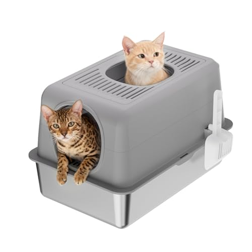 CuisinSmart Enclosed Stainless Steel Cat Litter Box with Lid Extra Large Litter Box for Big Cats Metal Litter Pan High Sided Never Absorbs Odors Anti-Urine Leakage Easy Cleaning Include Scoop Gray