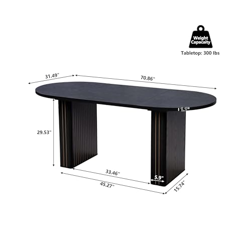 Image of 70.8 Inch Kitchen Dining Table for 4-6 People, Oval Kitchen Table with Wood Strip Base, Modern Farmhouse Large Round Dining Room Tables for Home Living Room (Black)