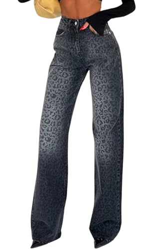 yoeasy Womens Jeans Leopard Printed Straight Leg Casual High Waisted Stretch Trendy Vintage Denim Pants Jeans