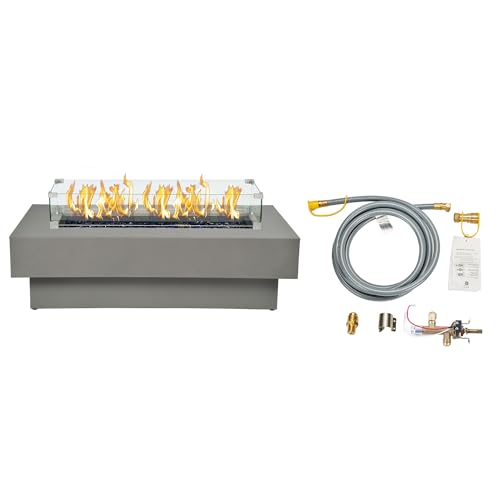 48-inch Fire Table with Natural Gas Conversion Kit & Wind Glass Shield, 50,000BTU Outdoor Modern Patio Fire Pit Table w/Rectangular Burner Lid, Glass Rocks, Cover