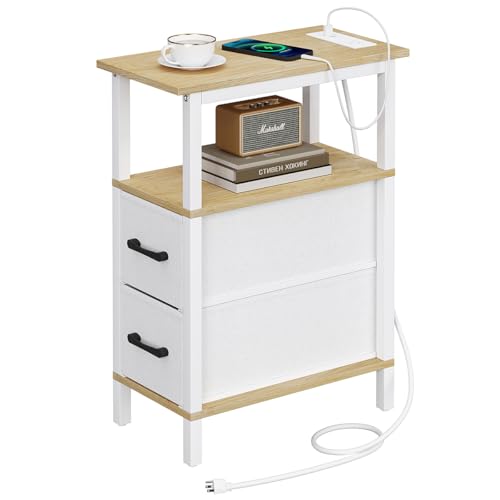 Narrow Side Table for Small Spaces, Skinny End Table with Charging Station, Sofa Beside Table with 2 Fabric Drawers and 1 Open Compartment, Slim Nightstand with USB Ports Outlet, White and Nature Wood