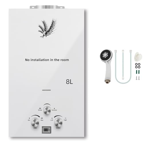 8L Chauffe-Eau à Gaz Instantané 16KW LPG GPL au Butane Propane avec Modes Hiver et Eté,Protection Contre La Surchauffe,Affichage de la Température,Blanc,pour La Maison,ExtéRieur,Camping Car