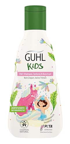 Guhl Kids 3 in 1 Shampoo, Spülung & Duschgel - Inhalt: 250 ml - Speziell für Kinder entwickelt - Kein Ziepen - Kindgerechtes Design - Cosmos Natural zertifiziert