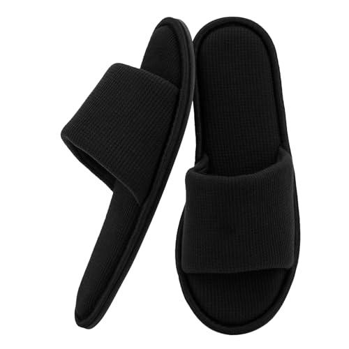 Image of Women's Open Toe House Slippers - Breathable Waffle Fabric, Memory Foam Cushioning, Slip-On Summer Indoor Slippers, Non-Slip TPR Sole, Easy Care