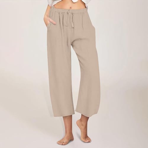 Cropped Linen Pants Women Casual High Waisted Wide Leg Lounge Pant 2025 Loose Lightweight Cotton Capris with Pockets2