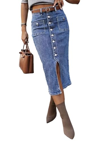 Flamingals Straight High Rise Vintage Botton Fly Split Thigh Midi Long Pencil Denim Skirt