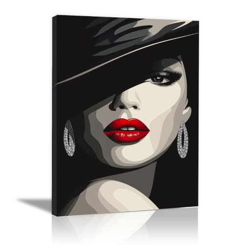 Graphisme portrait femme chapeau toile encadrée pour habiller un mur vide