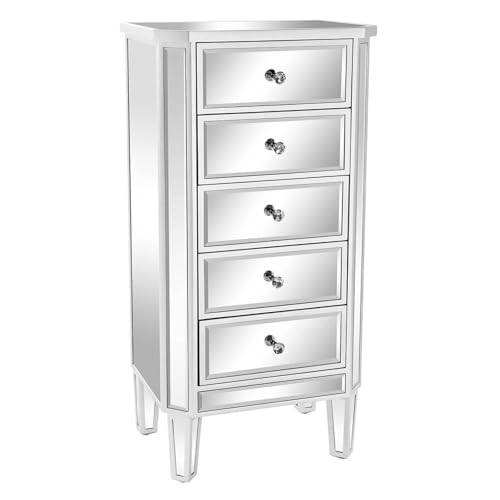 Image of VINGLI Mirrored Dresser 5 Drawers Modern Chest, Mirrored Chest of Drawers, Glass Dresser for Living Room, Silver