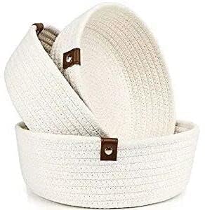 Image of AuraNest White Jute Rope Storage Baskets Set of 3, Small Cotton Rope Baskets for Organizing, Decorative Woven Nesting Bowls for Bathroom, Nursery, Shelf, Kitchen Storage Bins