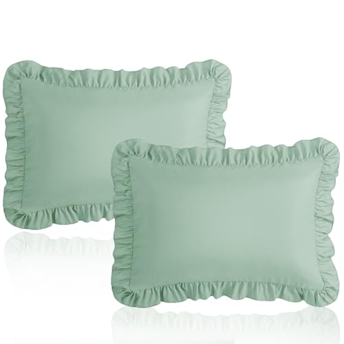 Image of 13 inchx18 inch Toddler Pillow Cases Set of 2, Sage Green Ruffled Pillow Shams Brushed Microfiber Nursery Pillow Cover for Boys Girls, Soft Breathable Machine Washable