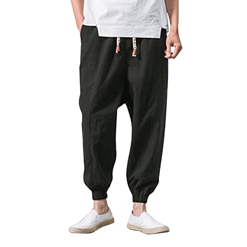 Linen Pants Men Solid Color Cotton Linen Elastic Waist Mid Rise Drawstring Japanese Style Trousers with Pocket