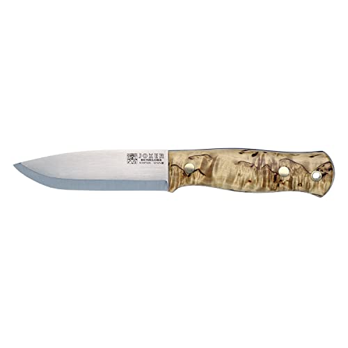 Joker Bushlord CL138-P Bushcraft Knife 4.5 in Scandi Steel Fixed Blade Curly Birch and Walnut Handle Leather Sheath with Ferro Rod for Backpacking Camping Survival and Hunting