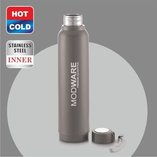 Image of Modware Hydra 1000 Vacuum Insulated Bottle | 750ml | Hot & Cold | Outer Plastic, Inner Stainless Steel | Easy Carry Wrist Belt | for Office, School, College (Grey)