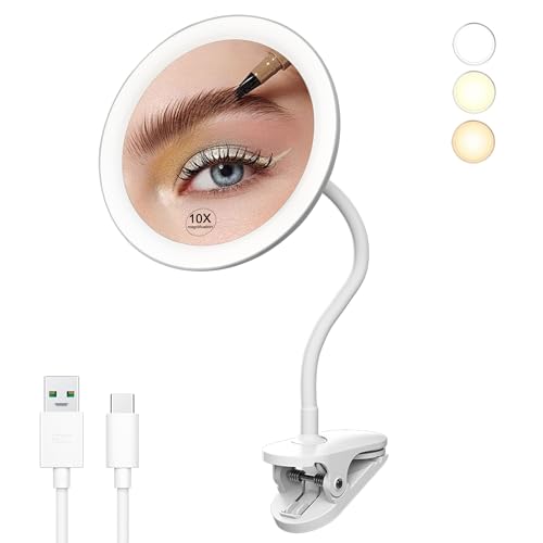 yngtoue 6.5" Clip on Vanity Makeup Mirror with Light, gooseneck Travel 10x Magnifying Mirror,USB Recharge (White 10X)