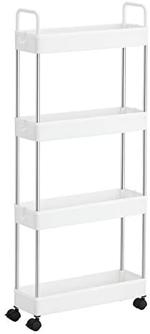 SONGMICS Storage Trolley, Slim Trolley, 4-Tier Kitchen Storage Trolley, Narrow Gap Bathroom Trolley with Wheels and Handles, 40 x 13 x 93 cm, White KSC018W01