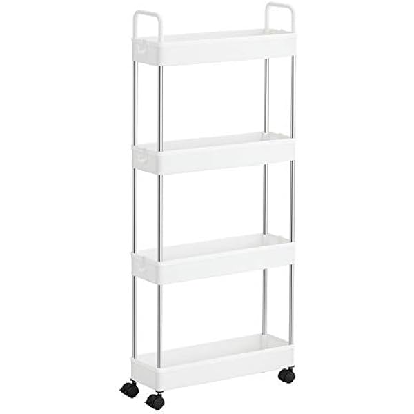 SONGMICS Wózek na kółkach, Wózek kuchenny z 4 poziomami, uchwytami, półką kuchenną na kółkach, 14,4 x 42 x 93 cm, biały KSC018W01