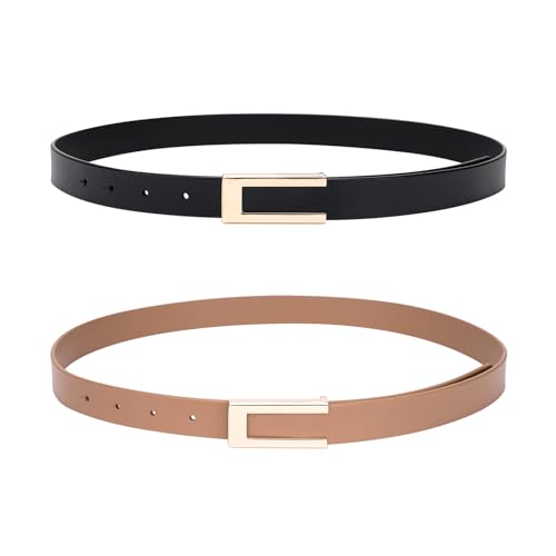 Womens Leather Belt for Pants Jeans Fashion Dresses Gold Buckle Skinny Belts for Ladies 2 Pack