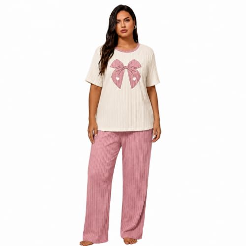 Image of Emilaura Womens Plus Size Pajama Set 2 Piece Short Sleeve with Long Pant Sleepwear Soft & Cozy Bow Loungewear (XL to 5X)