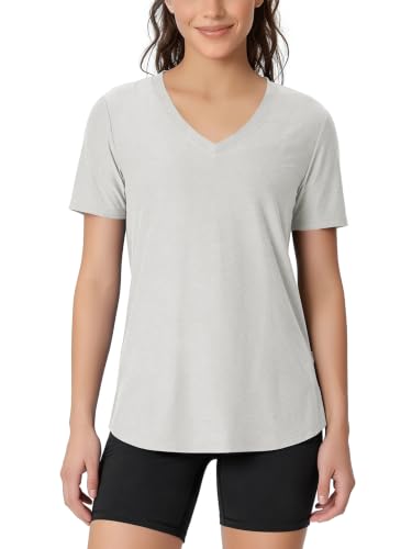 Image of ODODOS Women's Short Sleeve Performance V-Neck Tunic Tops, Ultra Soft odSTRATUM Tech Tee, Side Slit Relaxed T-Shirts