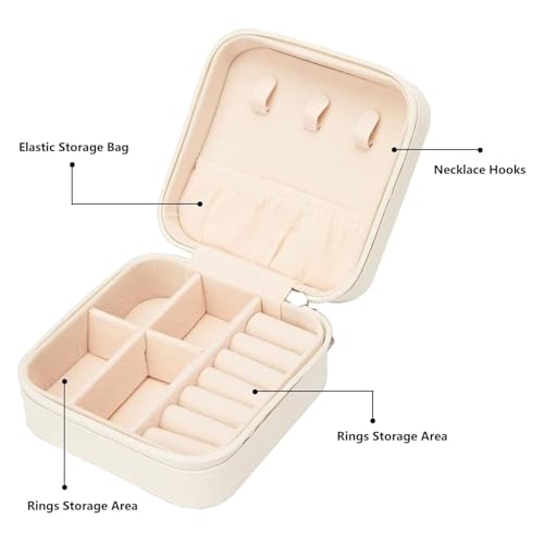Image of Ballotte Jewellery Organiser PU Leather Zipper Portable Storage Box Case with Dividers Container for Rings, Earrings, Necklace Home Organizer (WHITE BOX)