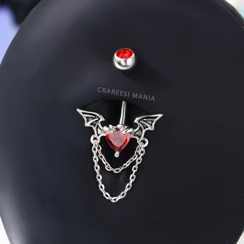 CM Crareesi Mania Halloween Belly Button Ring 316L Stainless Steel Belly Rings Double Chain 14G 10mm Bat Belly Piercing Jewelry Red CZ Navel Rings Heart Navel Piercing2