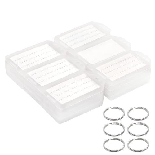 Coideal Étiquette de clé en plastique blanc avec étiquette 60 porte clés Tag ID avec fenêtre d'étiquette claire et anneau fendu robuste (Blanc)