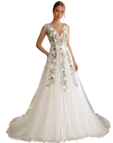 Women's Fairycore Wedding Dress 3D Floral Applique...