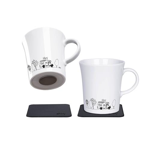 silwy® Porzellan Magnet-Henkel-Tassen CAMPING (2er Set) inkl. zwei Metall-Nano-Gel-Pads BLACK - rutschfeste Camping- und Caravaningtassen, Boot- und Yachtzubehör