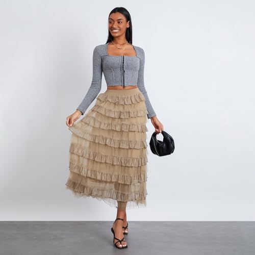 Women's Tulle Midi Skirt Elastic High Waist Layered Pleated Mesh Flowy A-Line Prom Party Long Tutu Skirts2