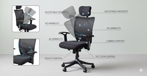 Image of Ergonomic Office Chair, Black, High Back Executive Mesh, Adjustable Height with Headrest, Rolling Wheels, for Home Office