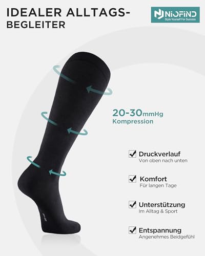 Niofind Kompressionsstrümpfe Damen & Herren, 2 Paar Kniestrümpfe & Stützstrümpfe aus 65% Baumwolle, Reisestrümpfe für Sport, Arbeit, Flug & Schwangerschaft