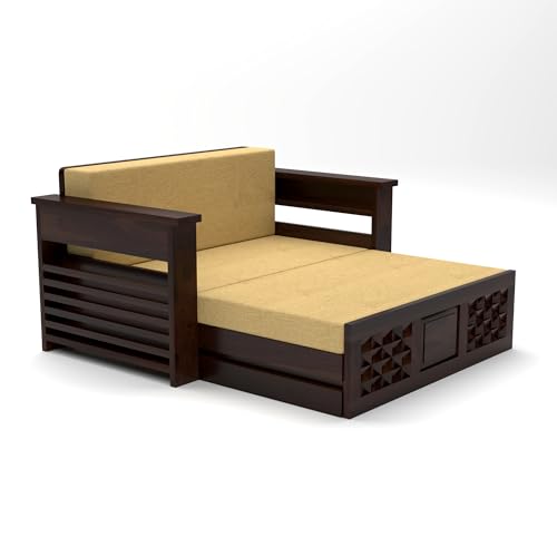 Image of NATRAJ ART & CRAFT Solid Sheesham Wooden Sofa Cums Bed with Mattress for Living Room | Rosewood 2 Seater Sofa Cums Bed for Bedroom Without Pillow (Walnut,Florex, 2 Seater)