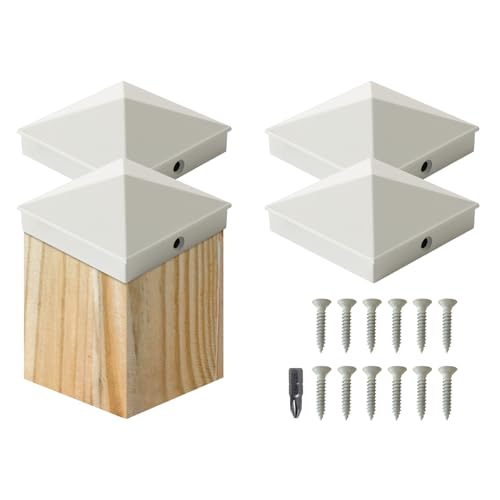 Image of VIVIDA 4x4 Aluminum Post Caps(Actual 3.5 inch x 3.5 inch), Metal Fence Post Caps with Waterproof Matte Powder Coated, for Wooden Fence, Deck, Mailbox, Patio, Screw & Driver Bit Included, White, 4 Pack