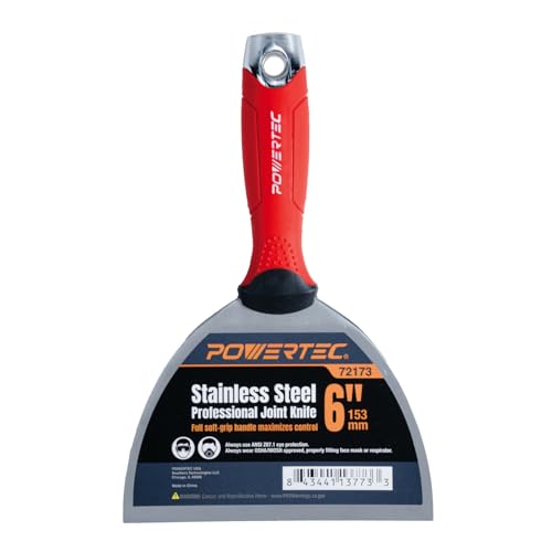 Image of POWERTEC 6-Inch Stainless Steel Drywall Joint Knife - Flexible Blade, Soft Grip, for Patching, Taping, Scraping (72173)