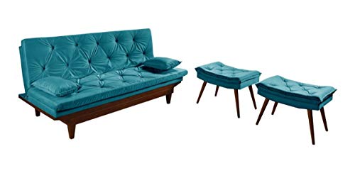 Sofa Cama Reclinavel Caribe Com Duas Banquetas Rubi Suede Azul Turquesa
