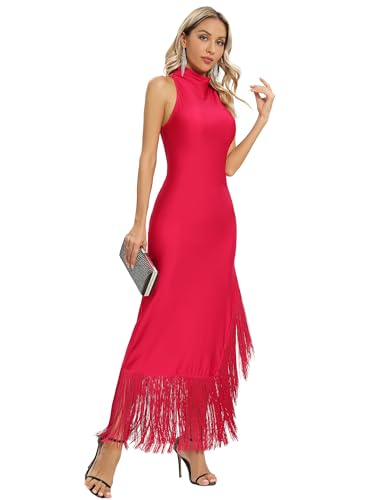 Image of Aigeman Women Vintage Flapper Dresses 1920s Great Gatsby Halter Fringed Maxi Dress Tassels High Split Formal Dress 19