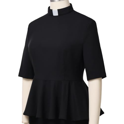 Womens Summer Clergy Shirt Tab Collar Half Sleeve Ruffle Blouse Top3