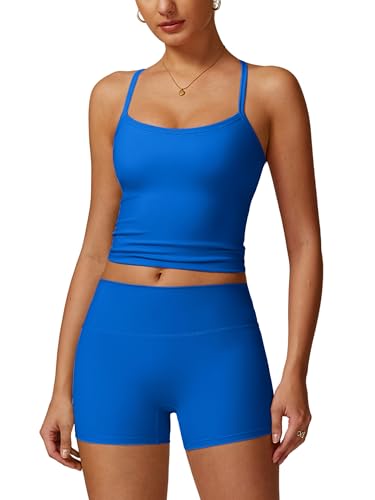Image of ABOCIW 2 Pieces Workout Sets for Women, Cross Back Tank Top Matching High Waist Biker Shorts, Gym Yoga Pilates Outfits