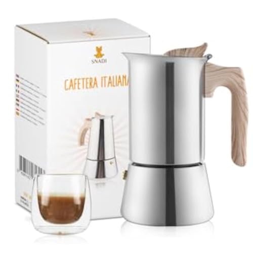 Snadi - Cafetera Italiana Moka 6 Tazas | Diseño Moderno y Elegante | Para Inducción, Vitrocerámica, Eléctrico y Gas | Ergonómica y Robusta | Acero Inoxidable | Café Expreso