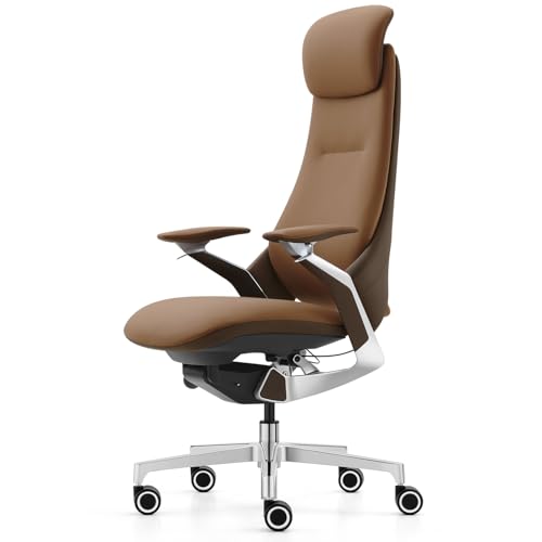 Genuine Leather Executive Office Chair, Ergonomic Comfortable Computer Chair, Adjustable seat Height/headrest Height, with tilt Lock, high-Back Home Office Desk Chair. (Caramel Brown/Dark Brown)