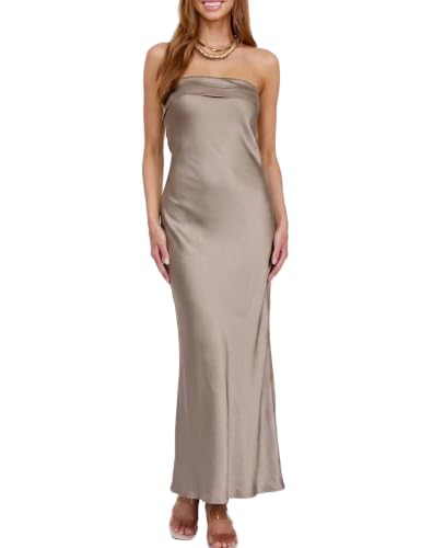 Image of Realtix Summer Satin Strapless Backless Maxi Dress for Women Wedding Guest
