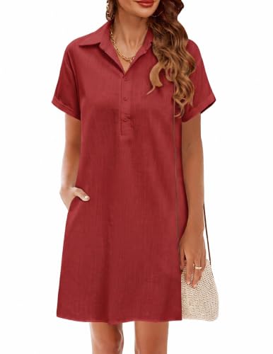 Image of Zeagoo Womens Cotton Shirt Dress Summer Casual Short Sleeve Button Down Beach Cover Up Shirts with Pockets