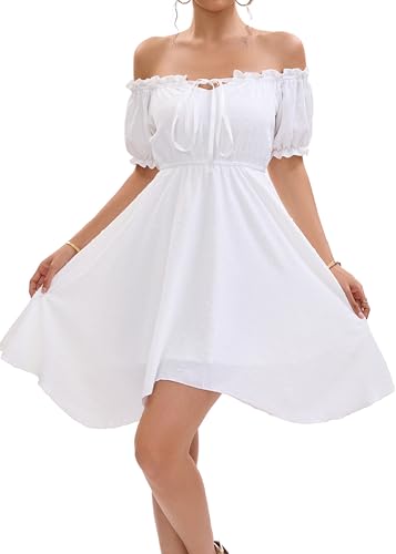 Image of Womens Off Shoulder Ruffle Puff Sleeve Tie Up Irregular Swiss Dot Mini Cottagecore Dress