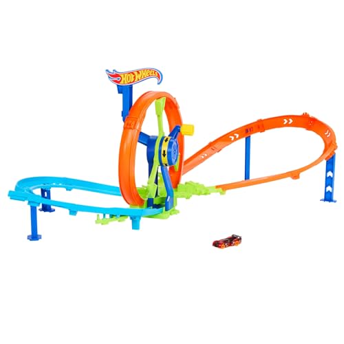 Hot Wheels Launch and Loop Conjunto de jogos de pistas e carro de brinquedo, carro de metal em escala 1:64, área de choques em pista em forma de 8 com looping com impulsor, JBX65