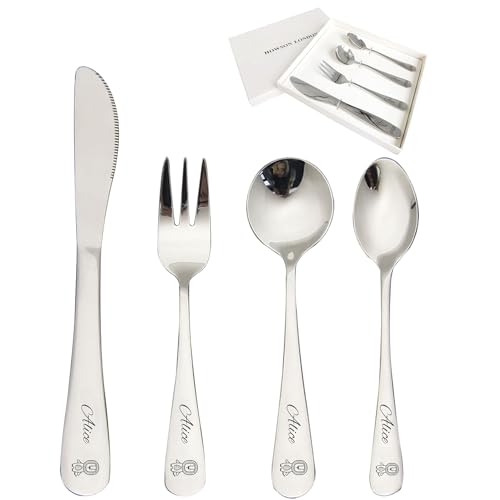Image of Personalised Cutlery Set for Children Christening Gift for Boy Girls Knife Fork Spoon 4pcs Stainless Steel for Kids Toddler Cutlery Set Gifts in Gift Box Engraved Monkey Lion Giraffe Image 08