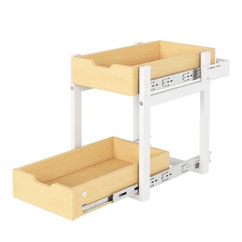 Livofloral Teleskopschublade, 2 Etagen Ausziehbare Schublade Küchen, Verstellbare Höhe, Holz-Auszugsregal für Küchenlagerung, Wohnzimmer, 28 x 40 x 42 cm, Naturholzfarbe