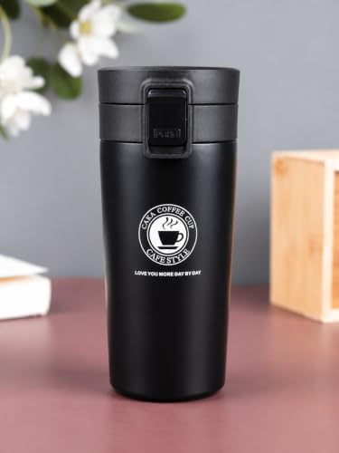 Image of 350ml Stainless Steel Travel Coffee Mug - Double Wall Vacuum Insulated Thermal Tumbler with Leakproof Flip Lid | Hot & Cold Coffee Cup for Office, Travel & Car (Black)