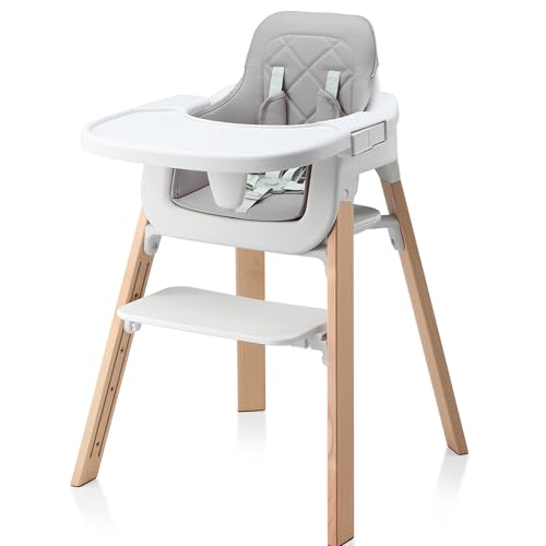 Image of JMMD High Chair, High Chairs for Babies and Toddlers, 3 in 1 Convertible Wooden Baby HighChair 5-Point Safety Harness, Removable Tray and Adjustable Footrest, Grey